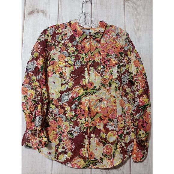 Old Navy Shirt Ladies Extra Large Red Floral Lightweight Button Front‎ Grandma - Picture 1 of 8